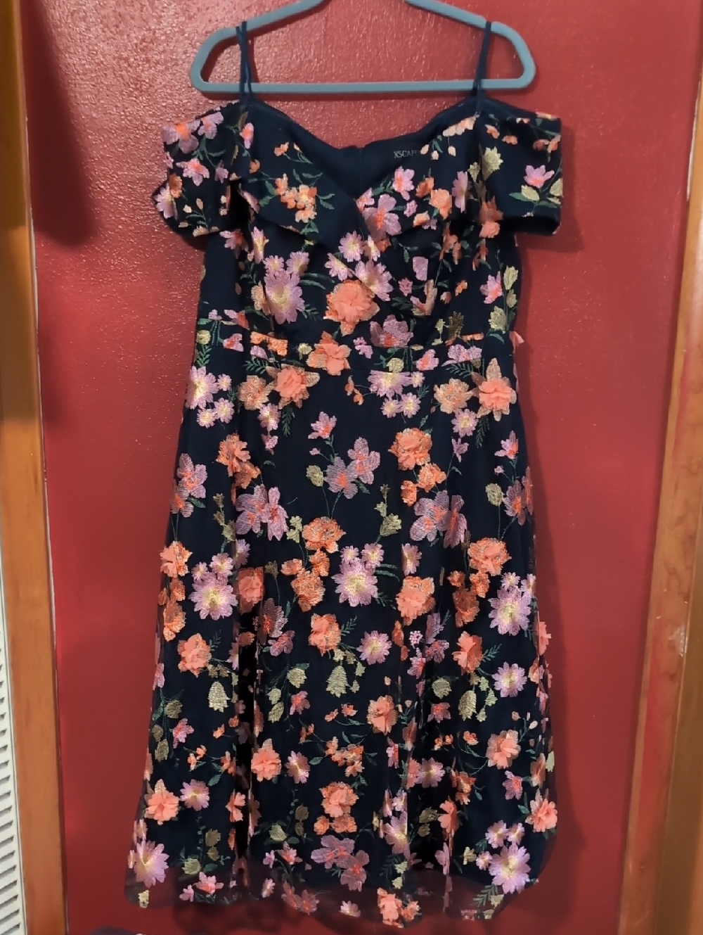 Xscape Navy Off-Shoulder Floral Dress with Pink and Coral Embroidery